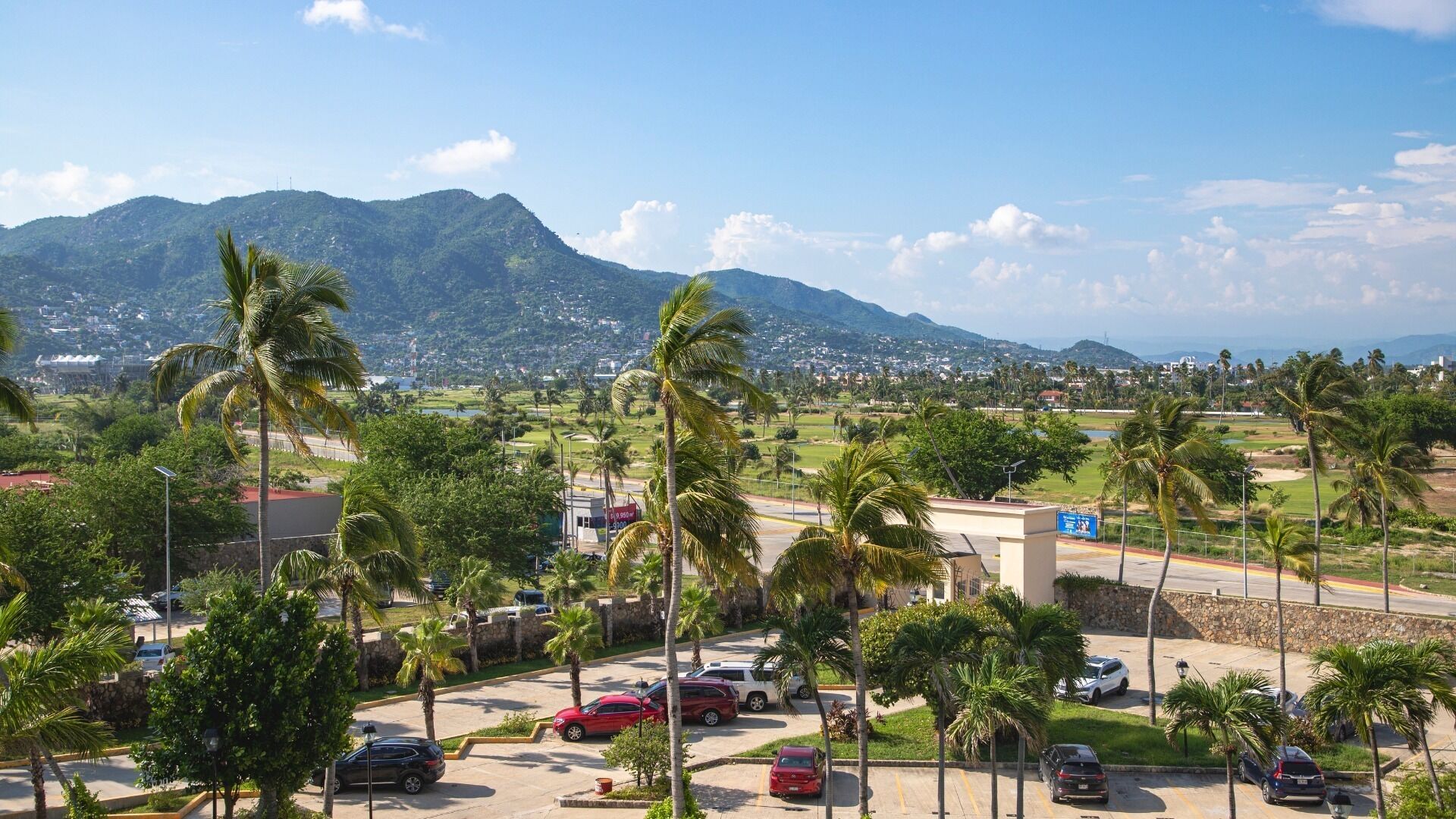 A parking area with several cars, palm trees, and a mountainous background.