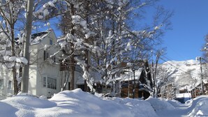 A snow-covered street with buildings and trees. - Pension Locomotion (Kutchan)