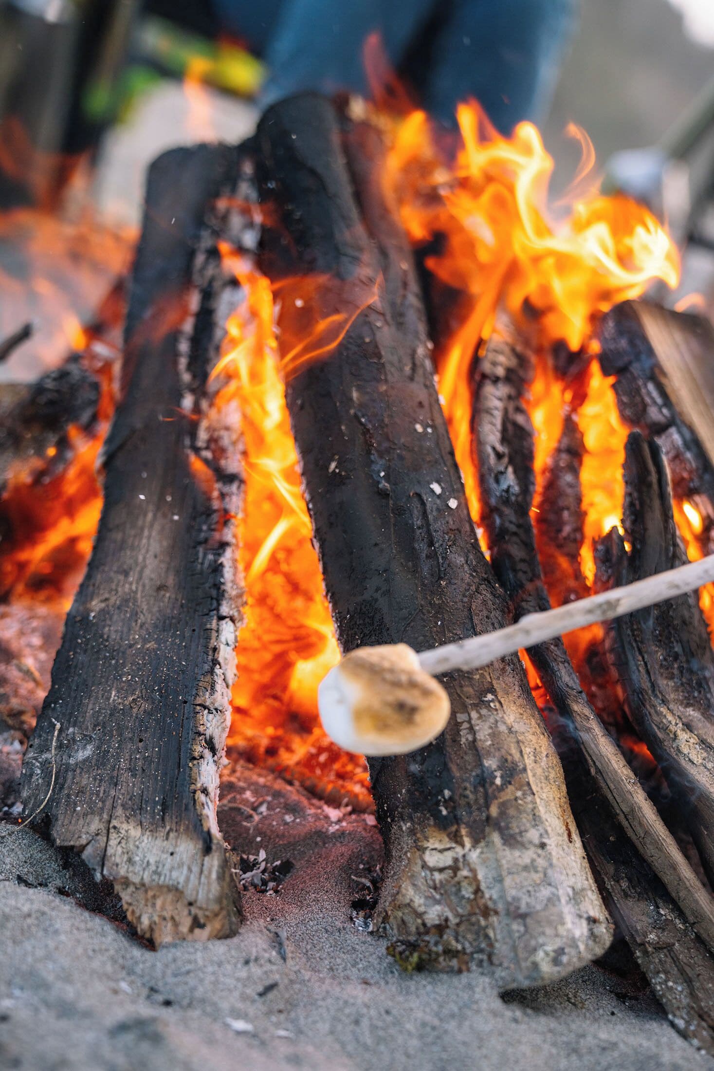 A close-up of a campfire with logs and a stick with a marshmallow.