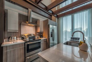 Gác, bếp, quang cảnh thành phố | Bếp riêng | Tủ lạnh, lò vi sóng, bếp nấu, máy rửa bát 