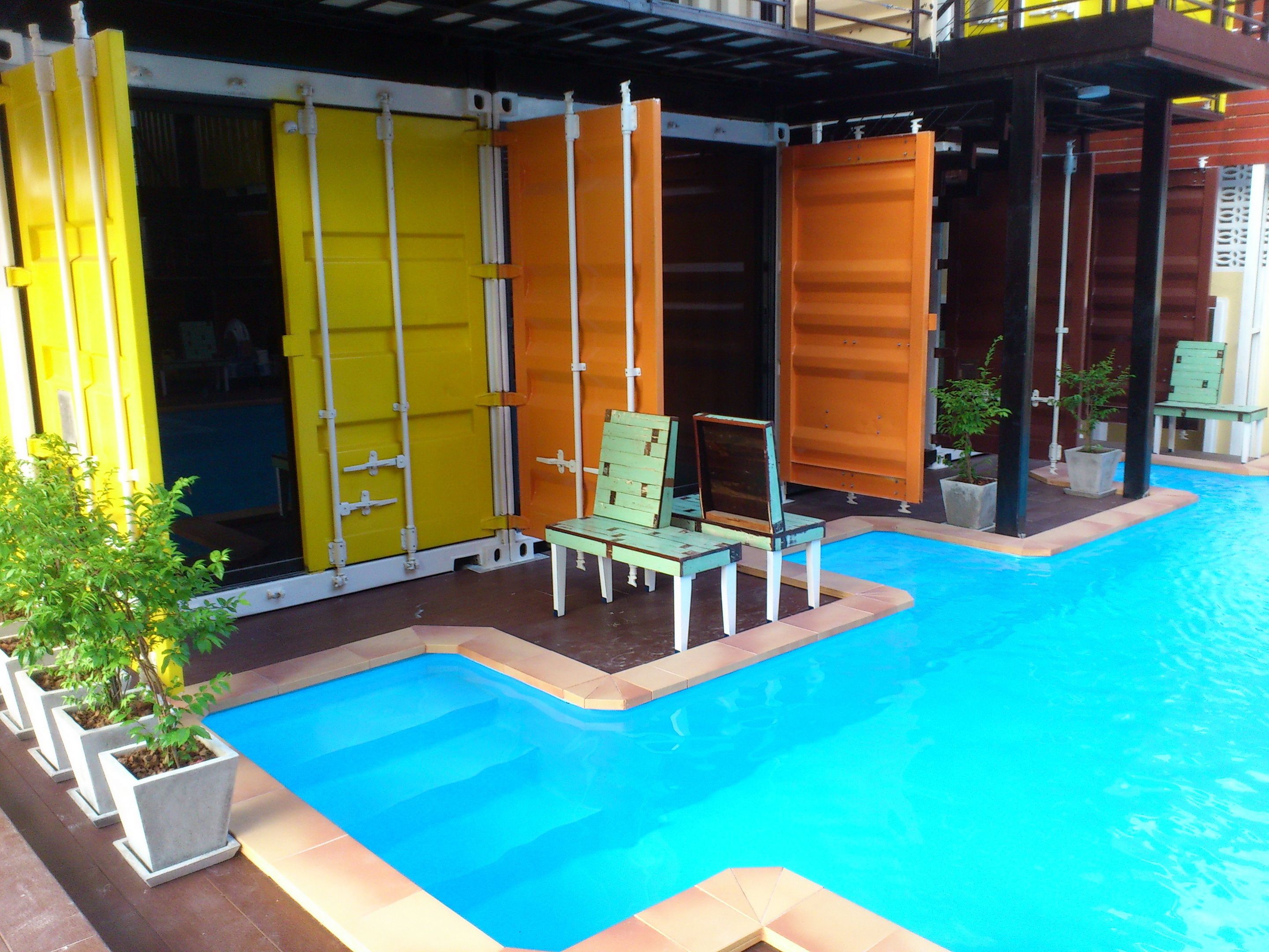 outdoor pool, pool loungers