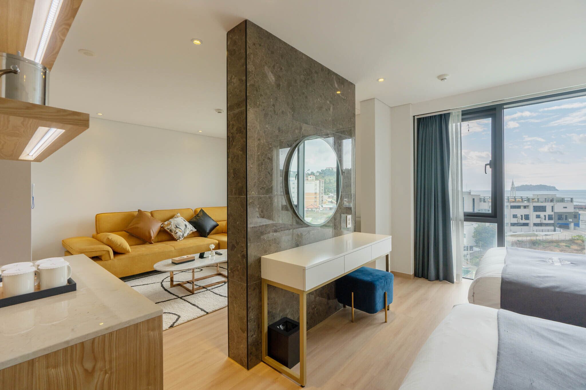 fine studio | living area | 43-inch flat-screen tv with cable channels, tv, heated floors