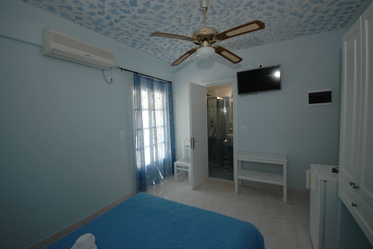 A bedroom with a bed, a ceiling fan, a TV, a shower, and a door leading to another room.