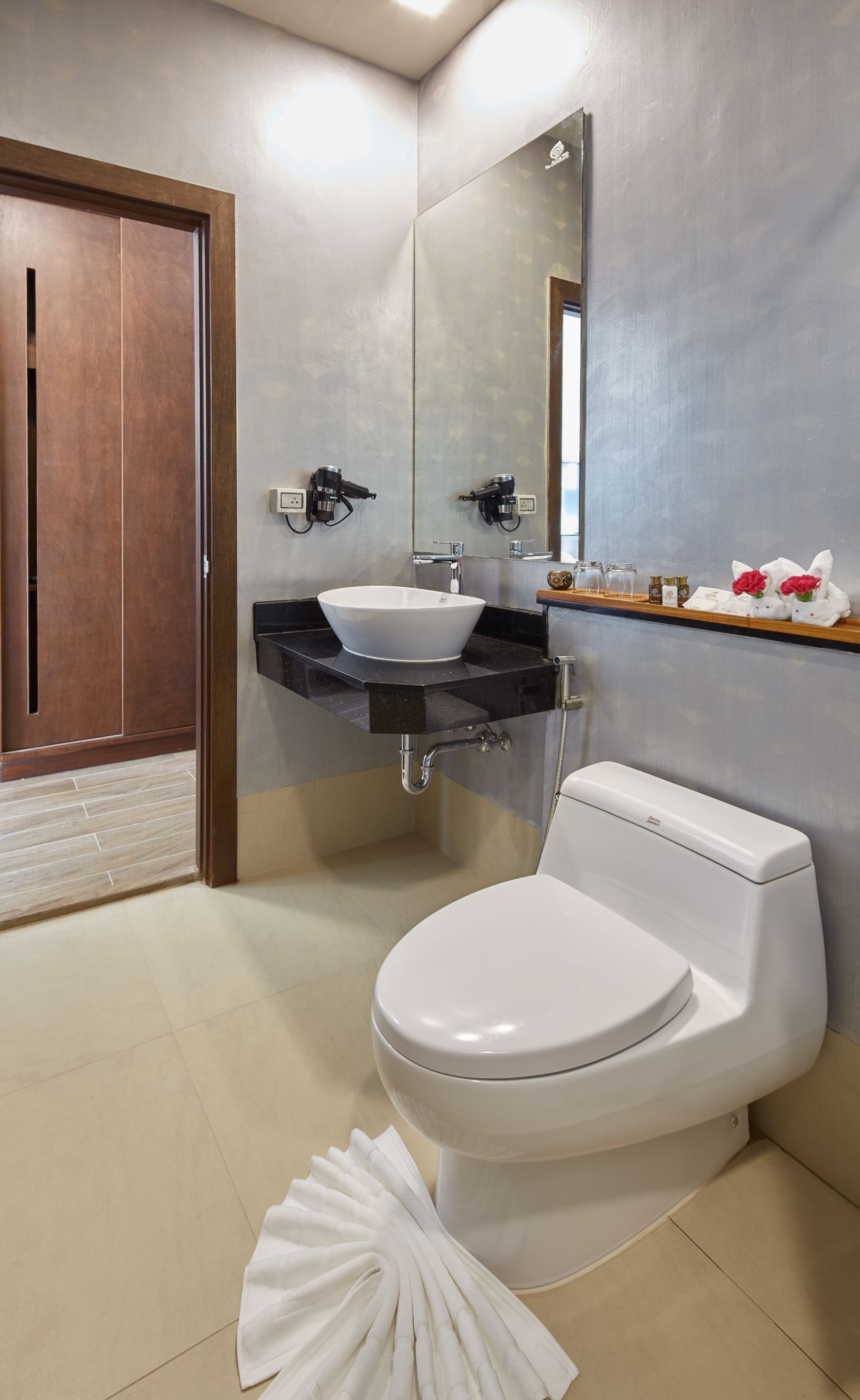 shower, rainfall showerhead, free toiletries, hair dryer