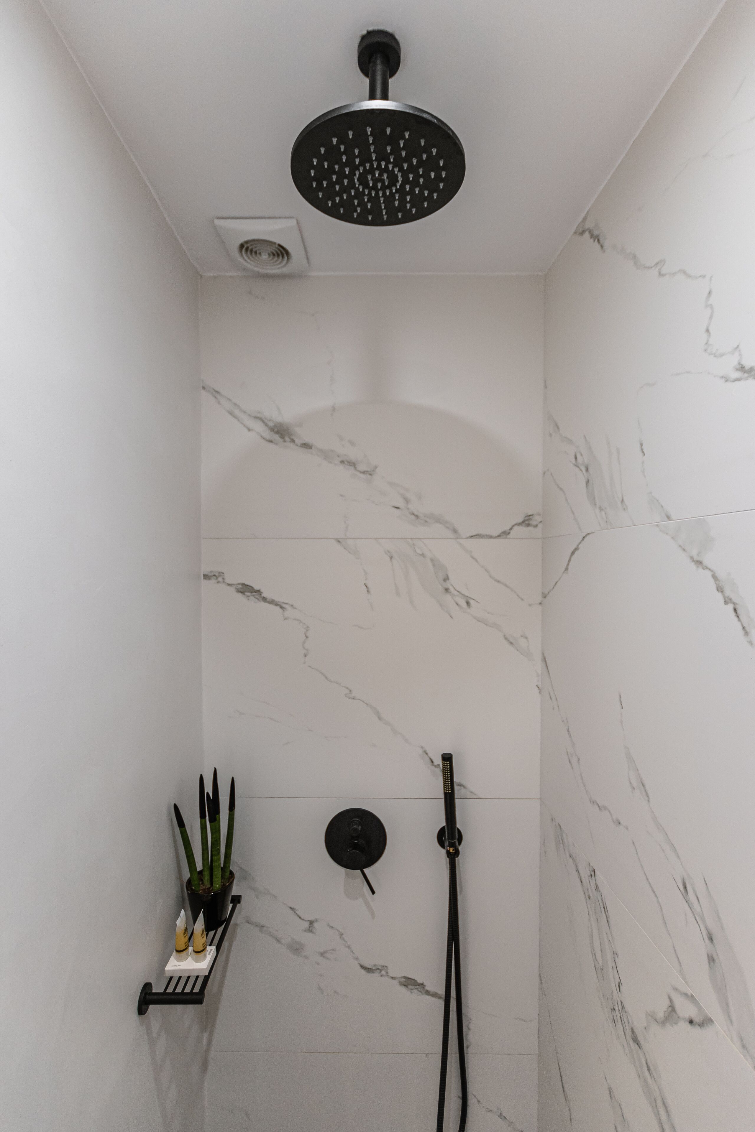 A modern shower with a black rain showerhead, a wall-mounted control panel, and a small shelf with a potted plant and toiletries.