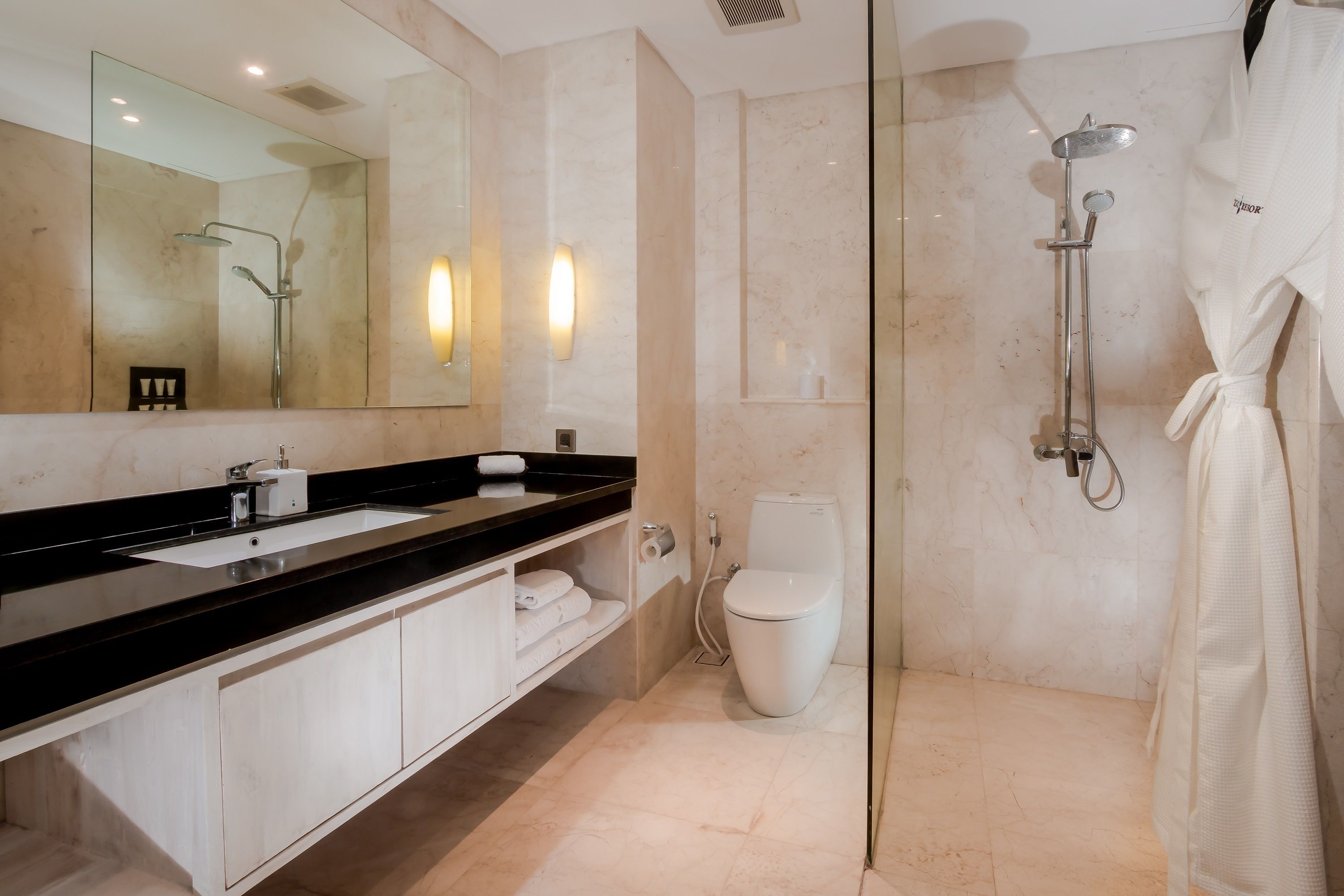 free toiletries, hair dryer, bathrobes, slippers