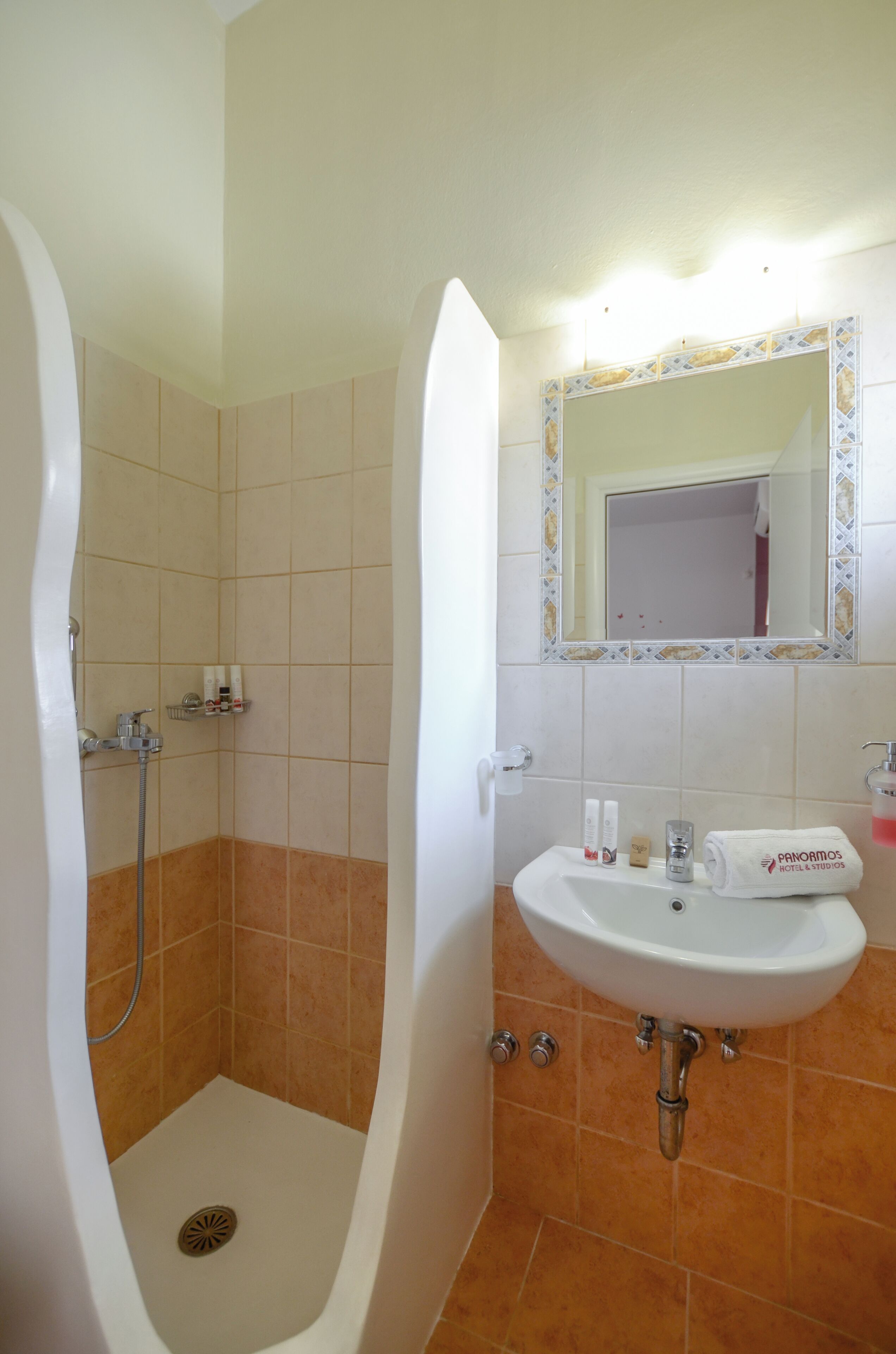 A bathroom with a shower, a sink, and a mirror.
