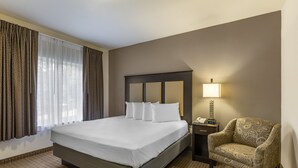 Une chambre d’hôtel avec un grand lit, une chaise, une table de chevet et une lampe.