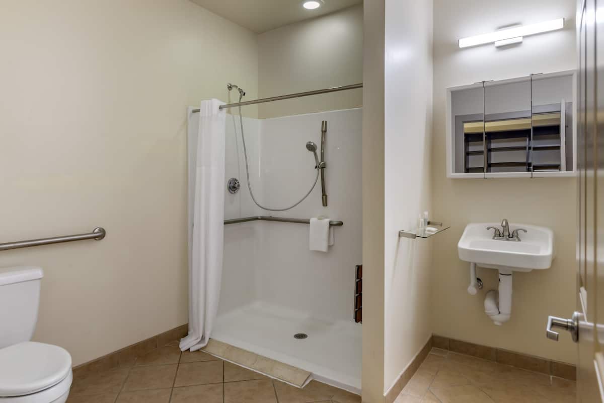 A bathroom with a shower, toilet, and sink.