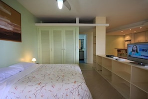 A bedroom with a bed, a TV, and a kitchenette.