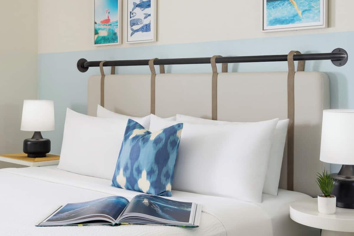 A neatly made bed with a headboard, a bedside table with a lamp, and a small potted plant.