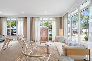 Sitting area in hotel lobby at Blue Flamingo Resort Key West