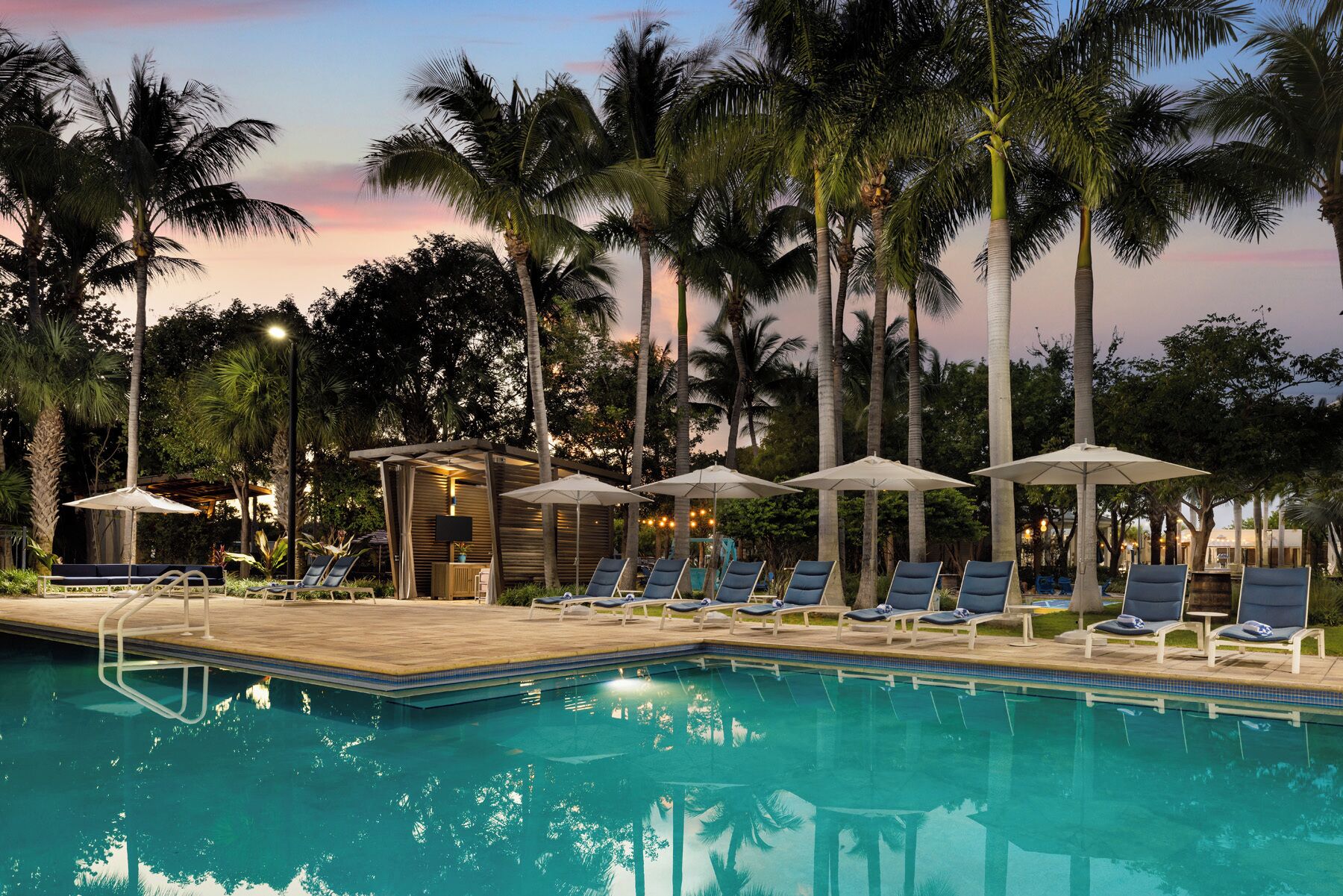 A pool area with lounge chairs and umbrellas, surrounded by palm trees.