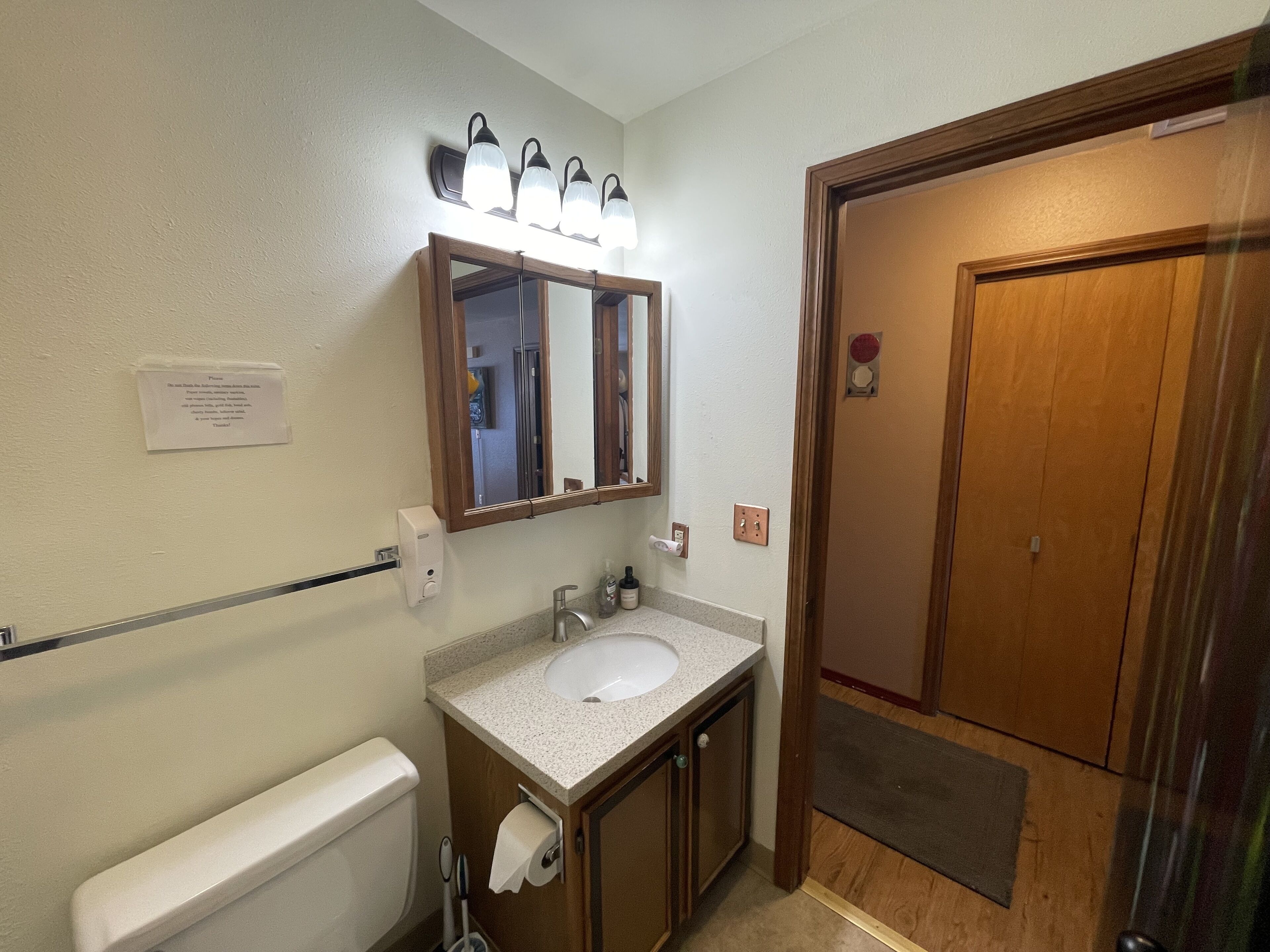 A bathroom with a sink, mirror, and toilet.