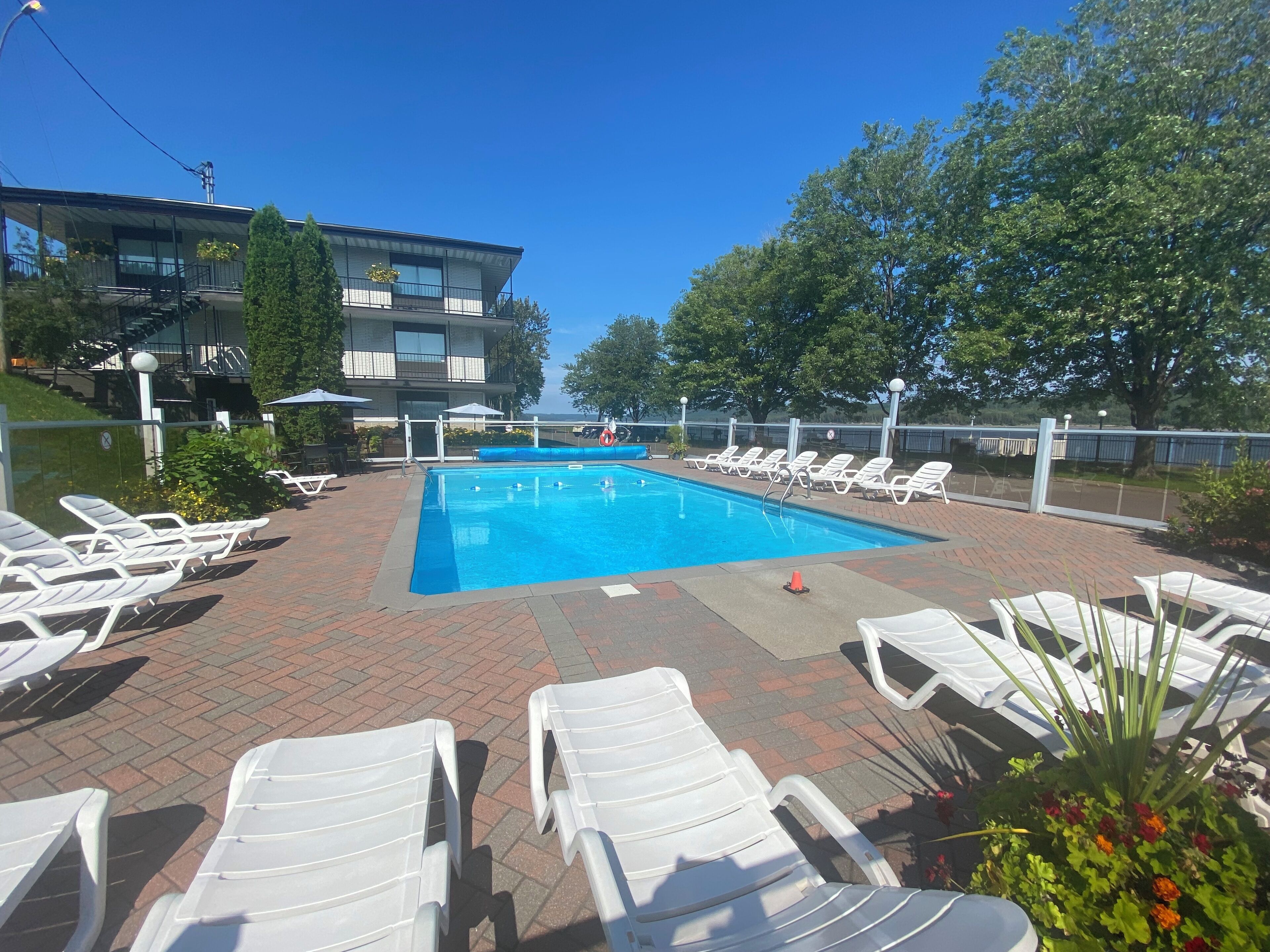 Ein Schwimmbecken mit weißen Liegestühlen und einer Pflasterterrasse.