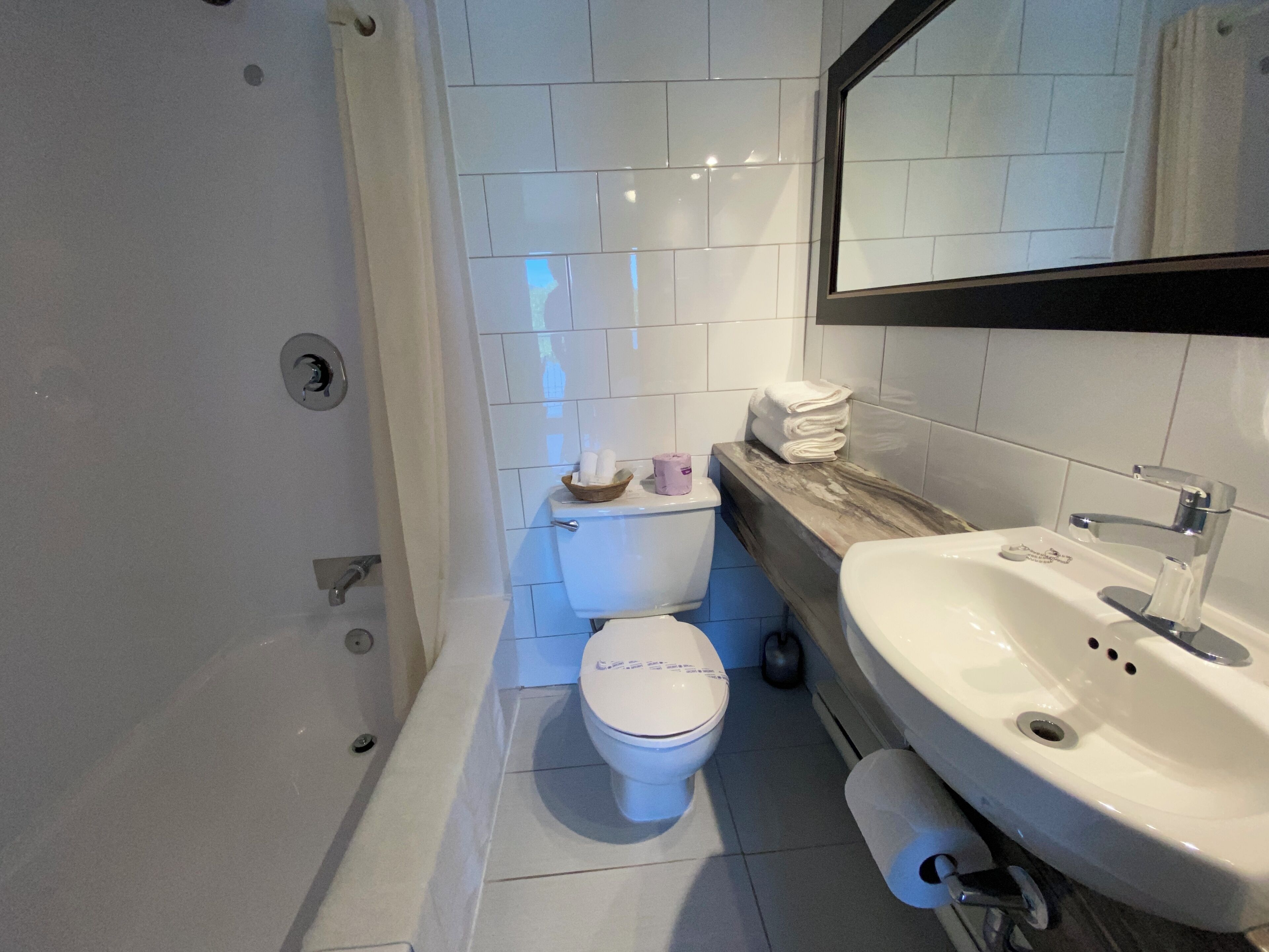 Een badkamer met toilet, wastafel en douche.