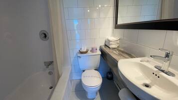 Een badkamer met toilet, wastafel en douche.
