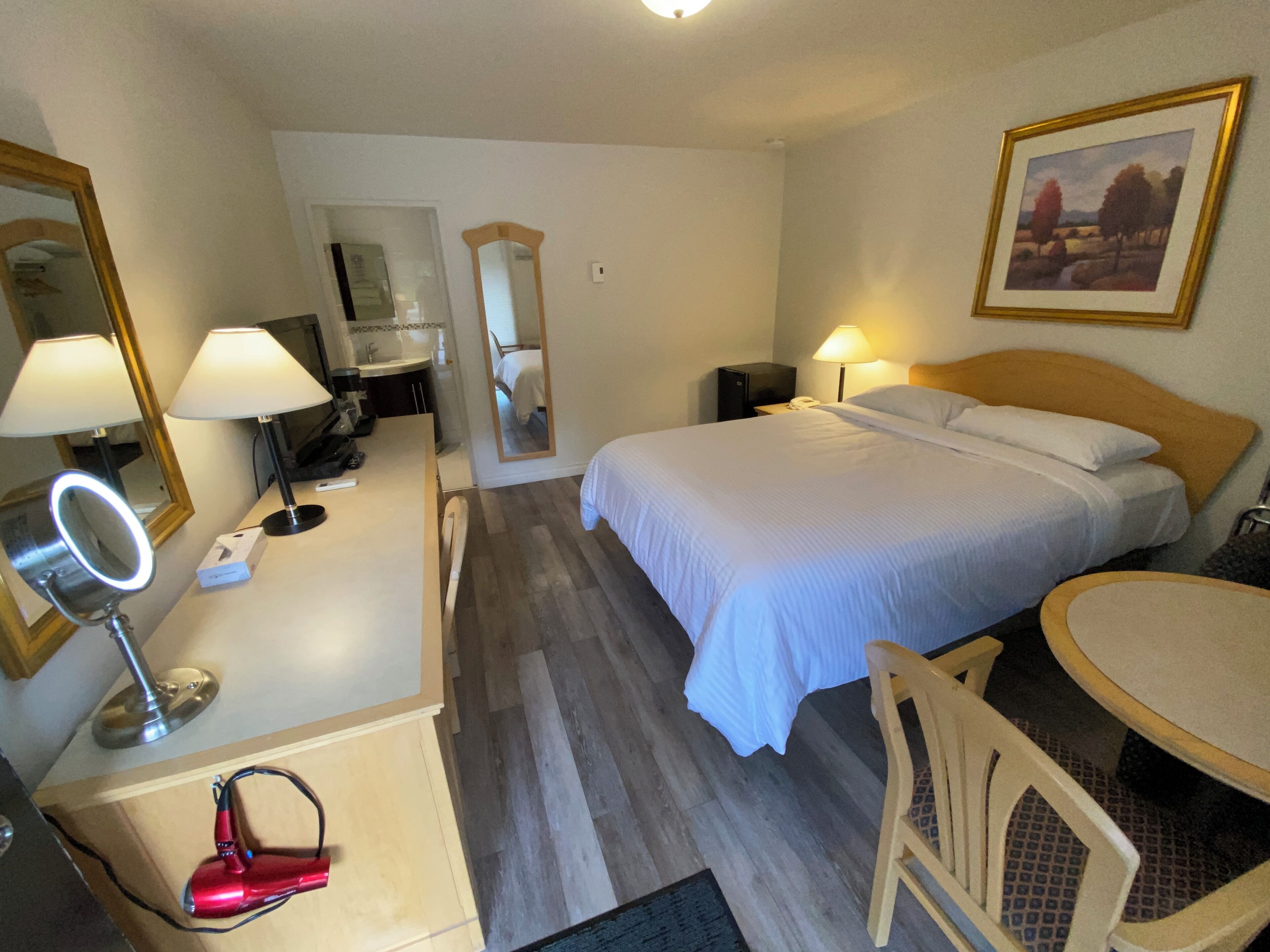 Een hotelkamer met een bed, nachtkastje, stoel, bureau, spiegel en een schilderij aan de muur.