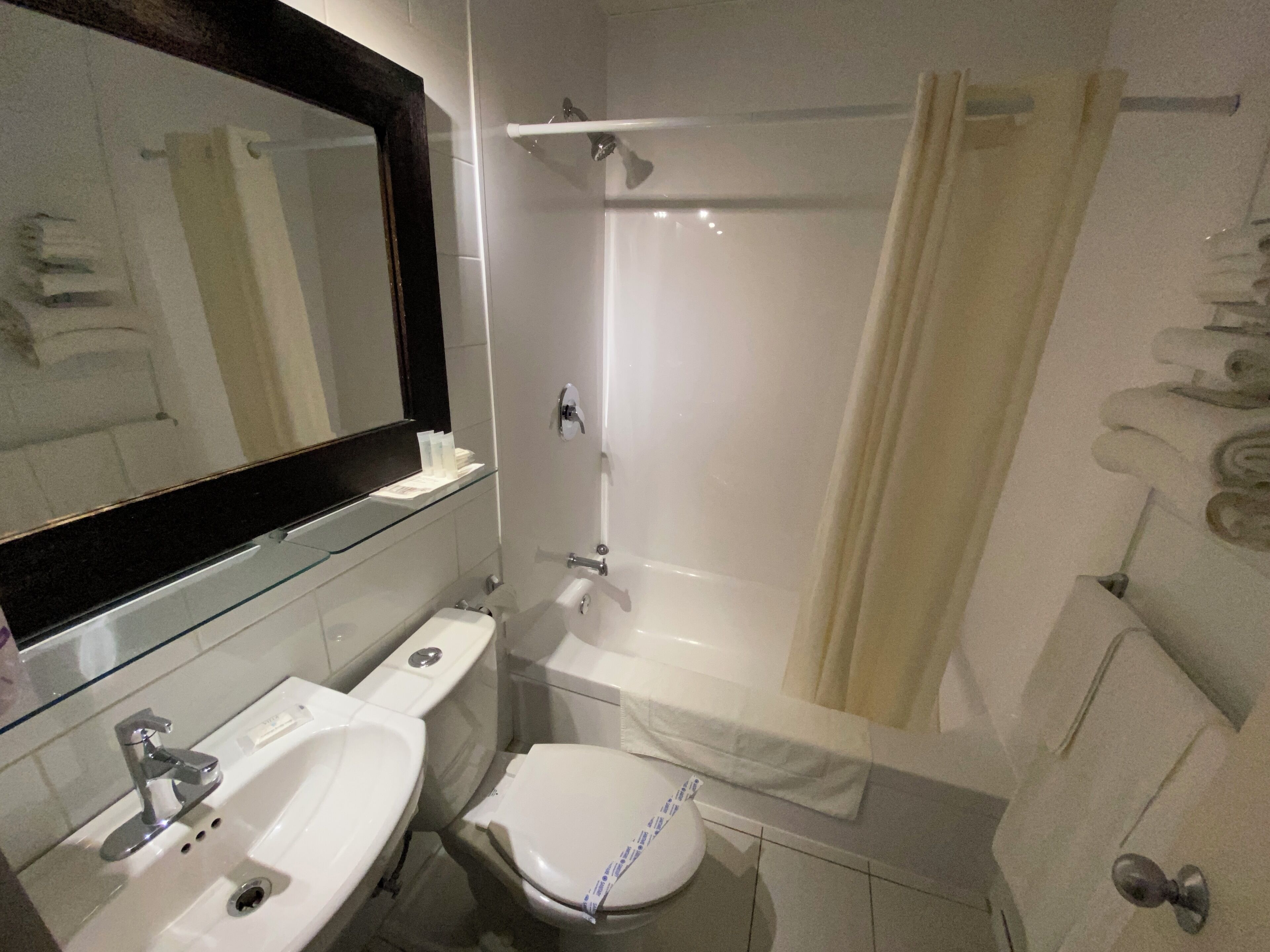 A bathroom with a sink, toilet, and shower.