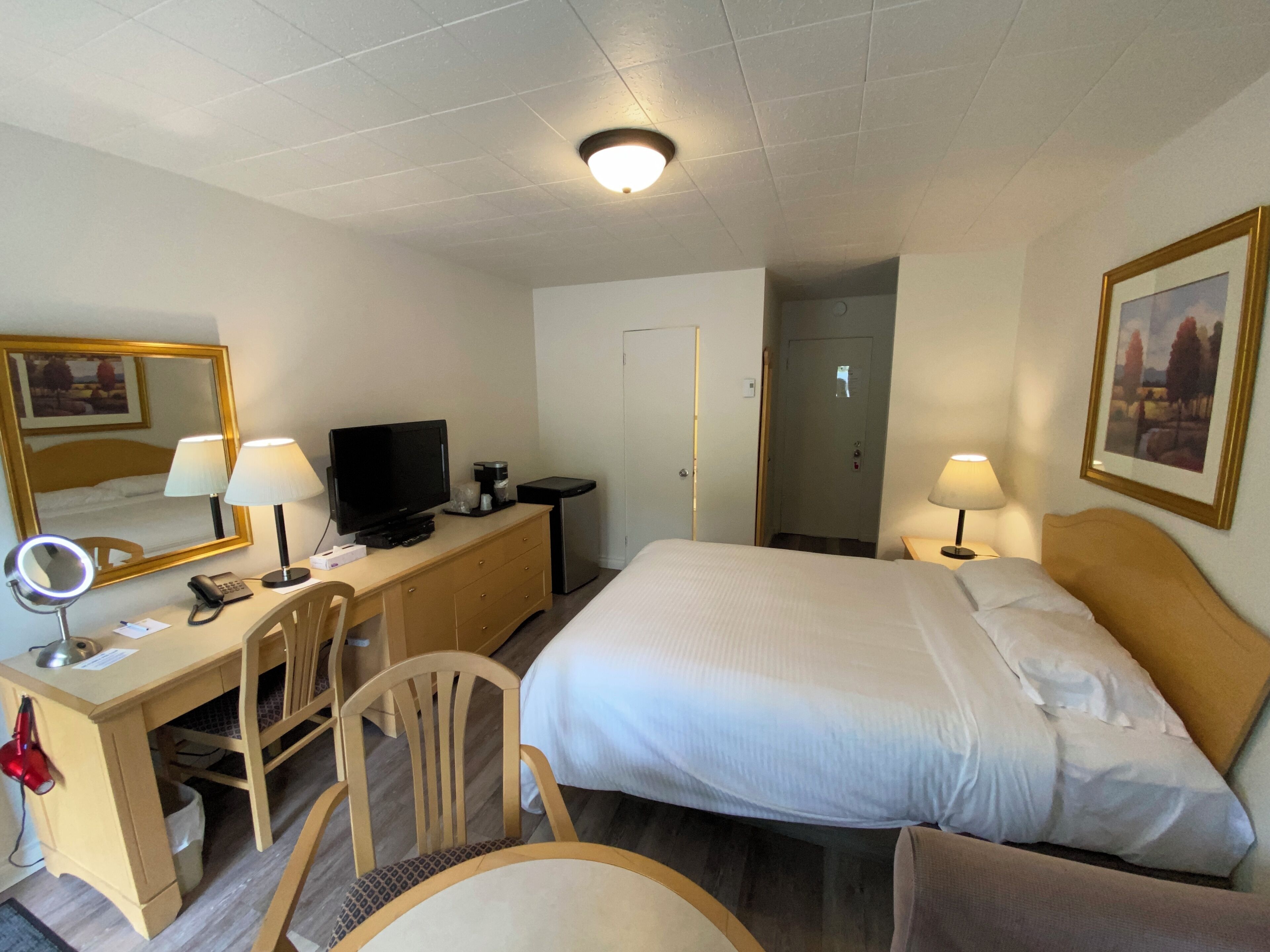 Een hotelkamer met een bed, bureau, stoel, televisie en een spiegel.