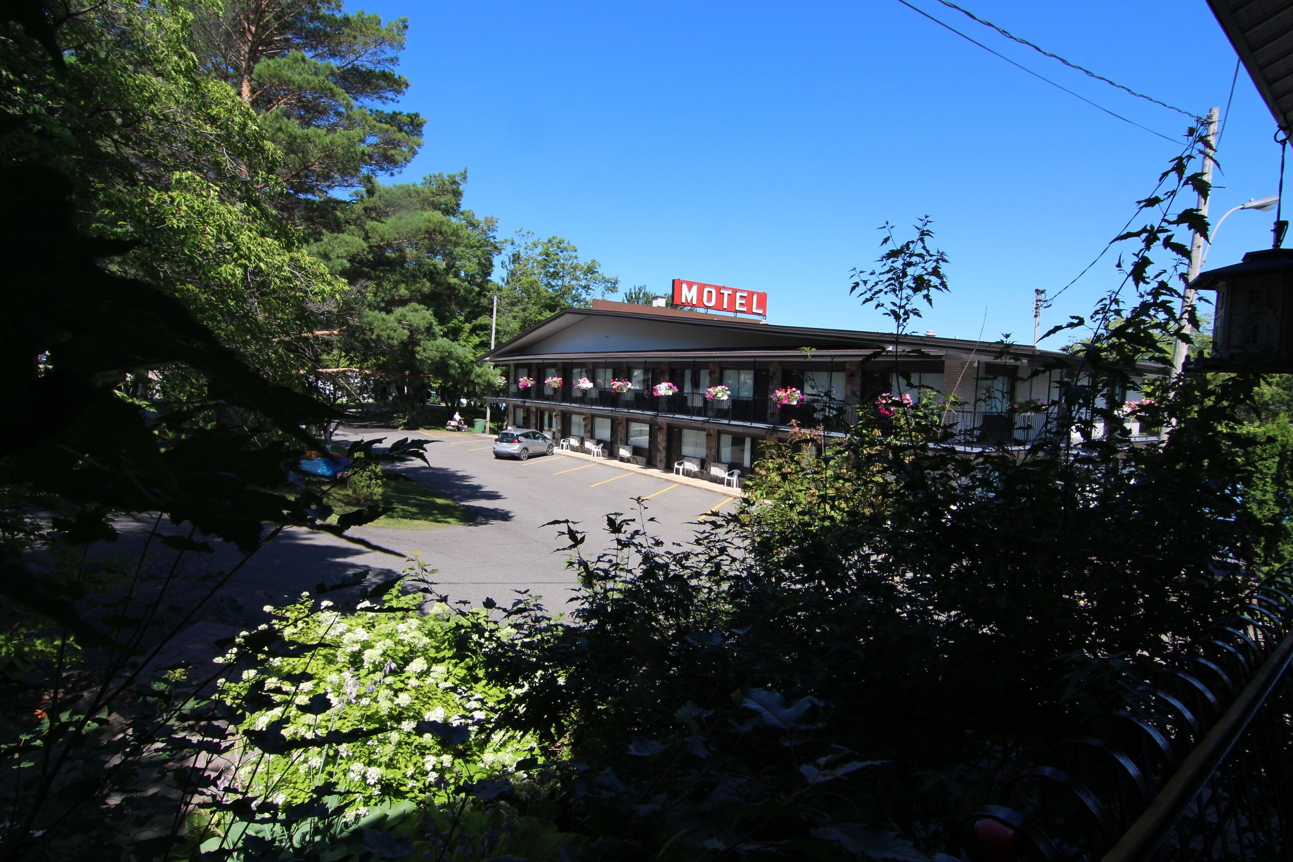 A motel with a signboard, a parking lot, and surrounding greenery.