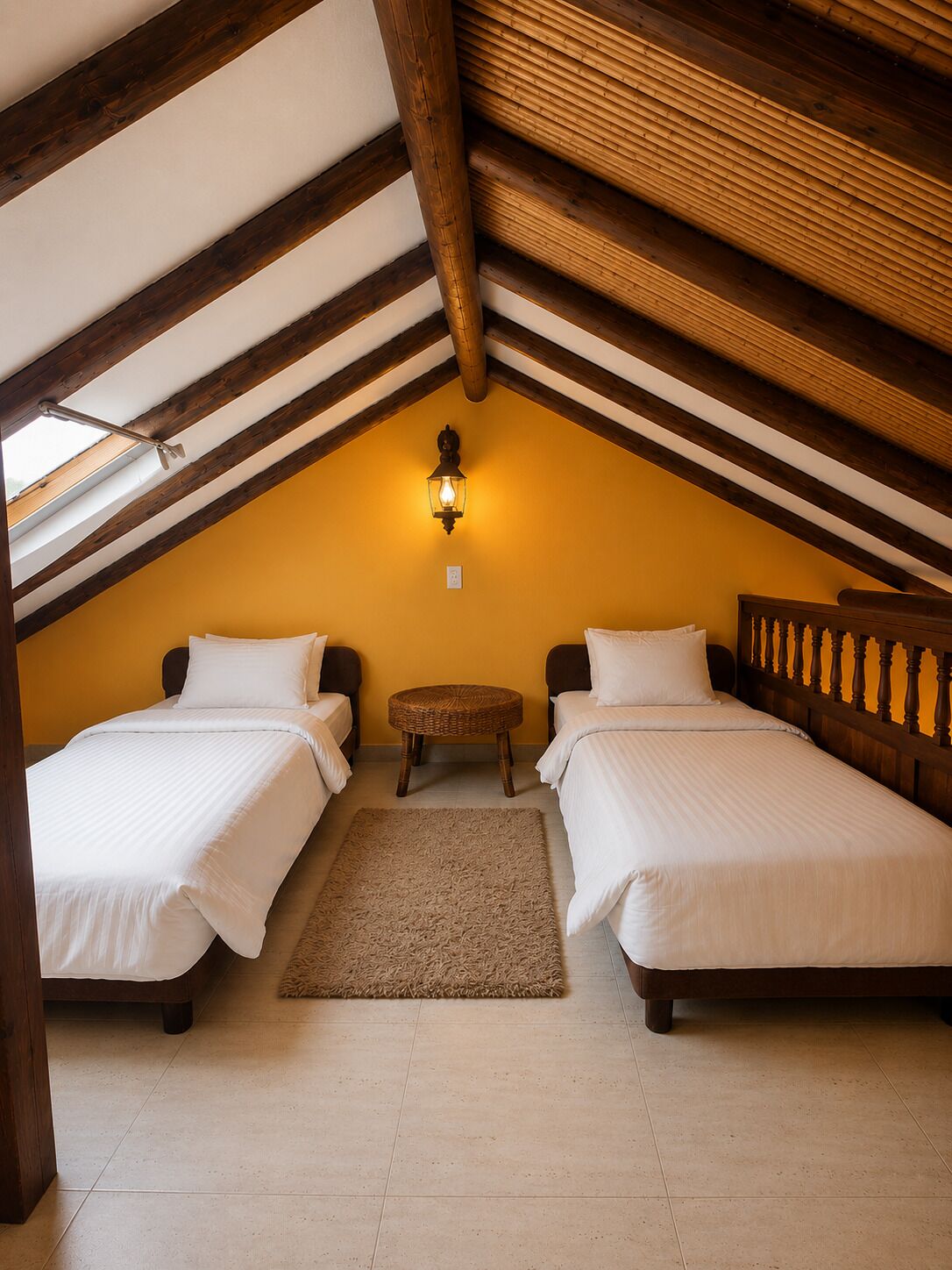 Ein gemütliches Schlafzimmer im Dachgeschoss mit zwei Betten, einem kleinen Tisch und einer Wandleuchte.