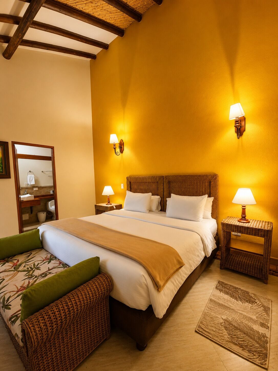 A hotel room with a large bed, two nightstands, a wicker sofa, a mirror, and a yellow wall.