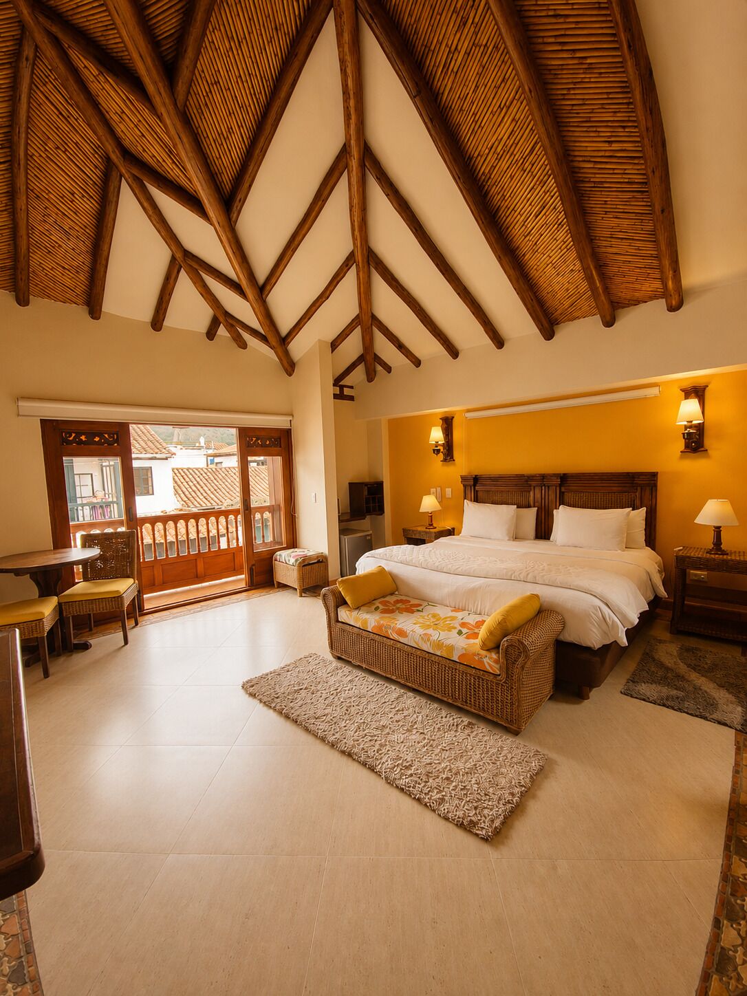 A bedroom with a large bed, wooden ceiling beams, a dining area with chairs, and a view through a door.
