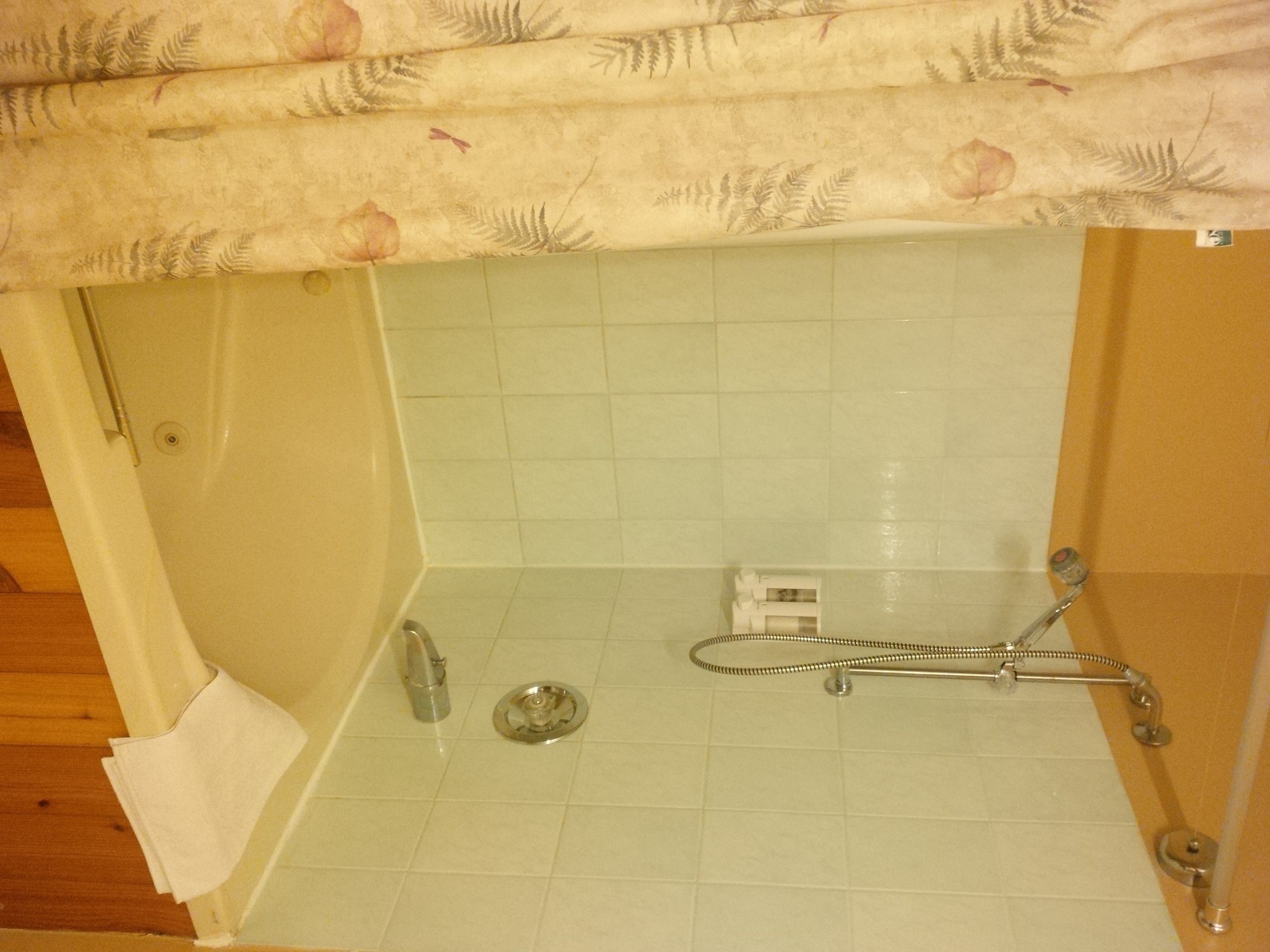 A bathroom with a shower, a toilet, and a sink.