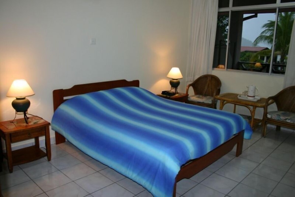 Un dormitorio con cama, dos mesitas de noche con lámparas, una silla, una mesita pequeña y una ventana con vistas.