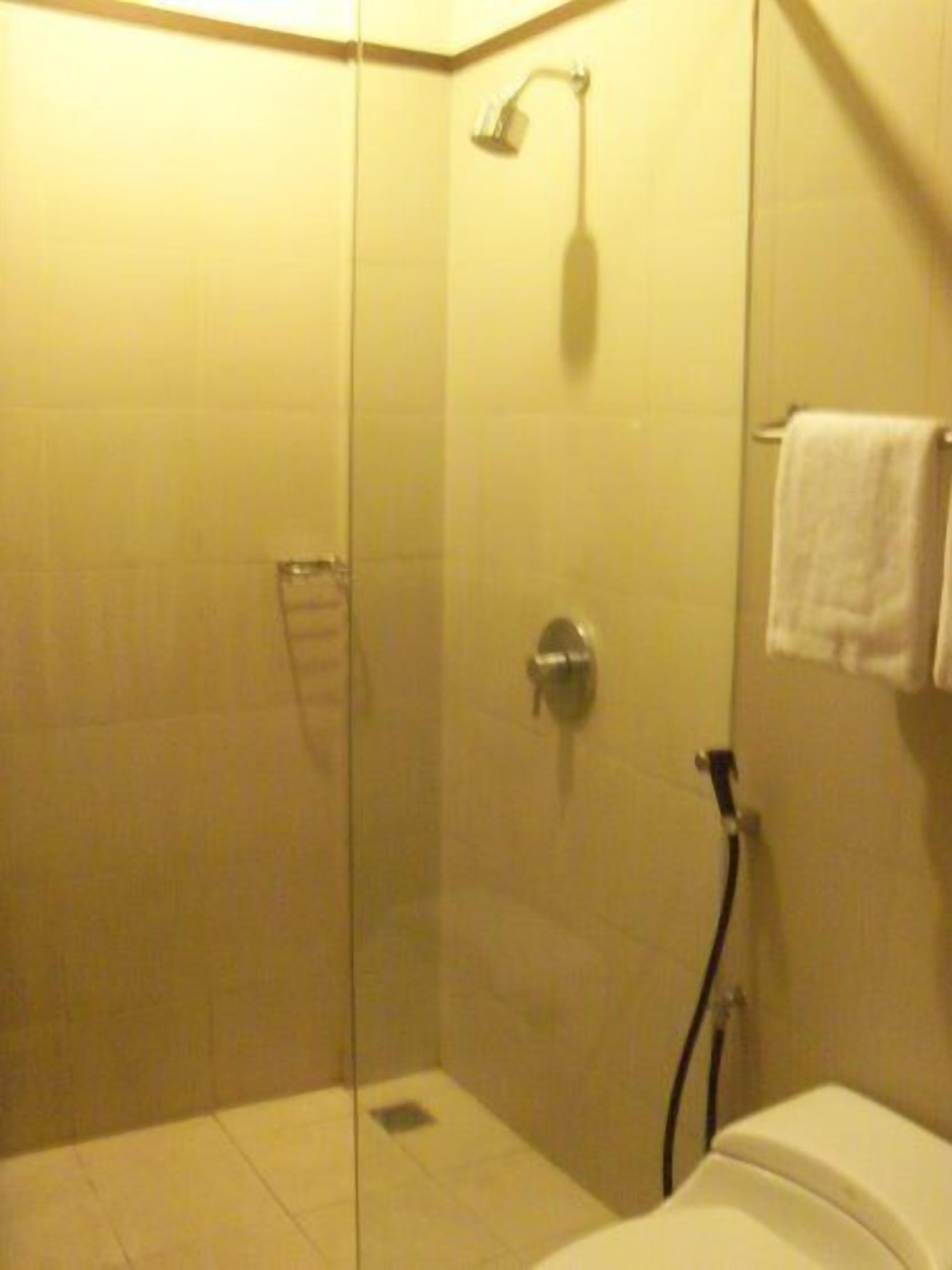 A glass-enclosed shower with a handheld showerhead, a towel rack with two towels, and a toilet.