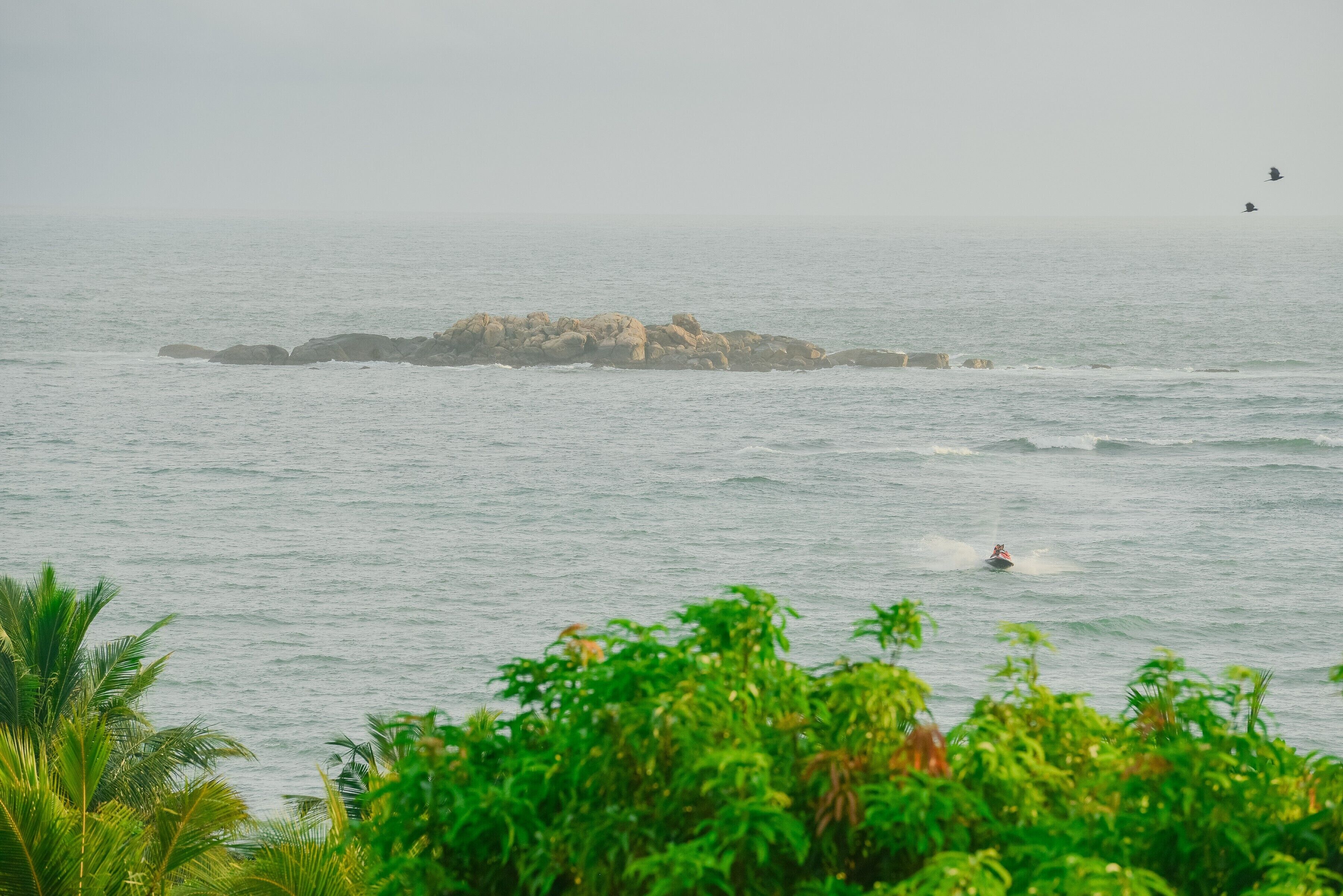 Une vue côtière avec un promontoire rocheux au loin, un jet ski sur l’eau et une végétation luxuriante au premier plan.