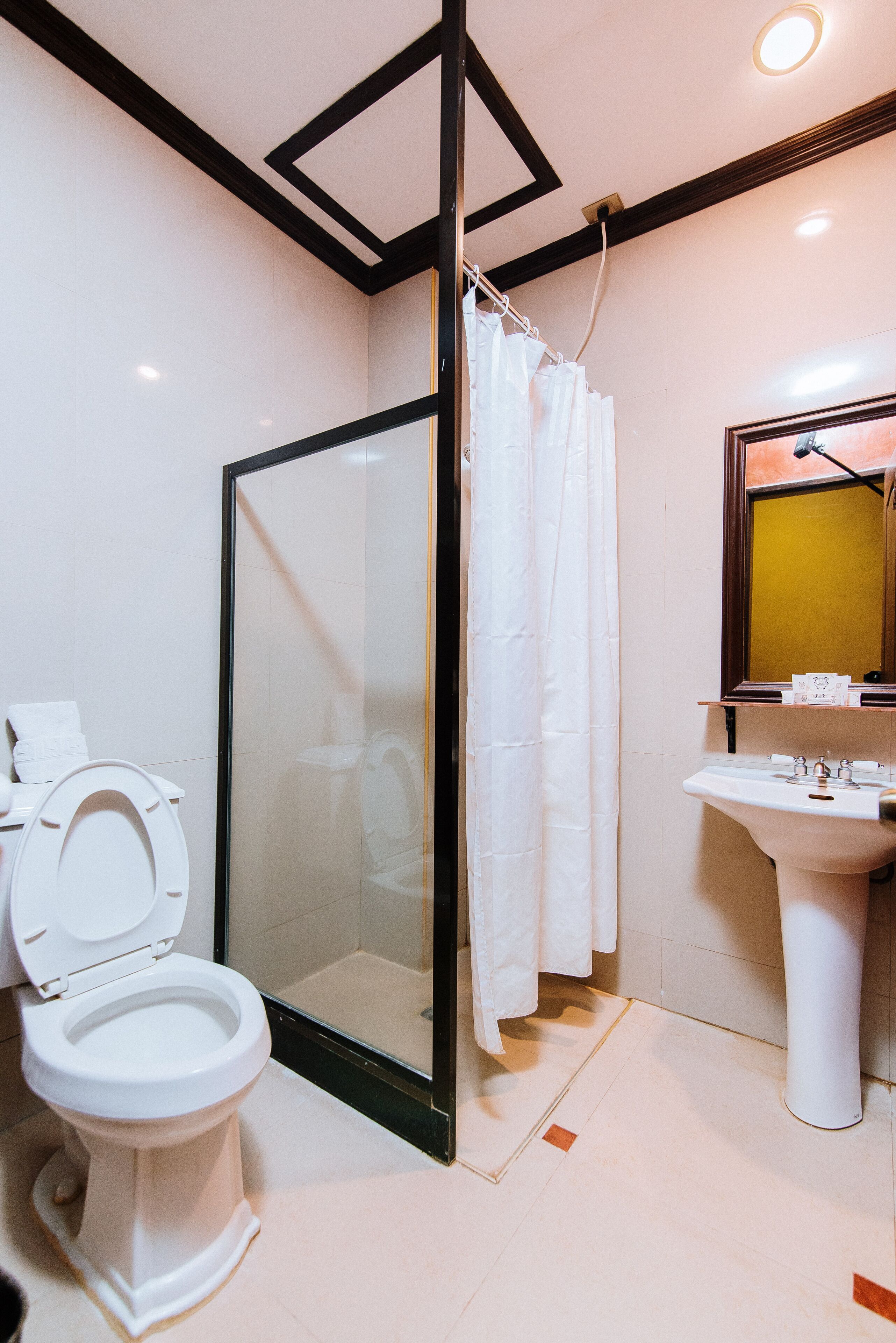 A bathroom with a toilet, a glass-enclosed shower, and a sink with a mirror.