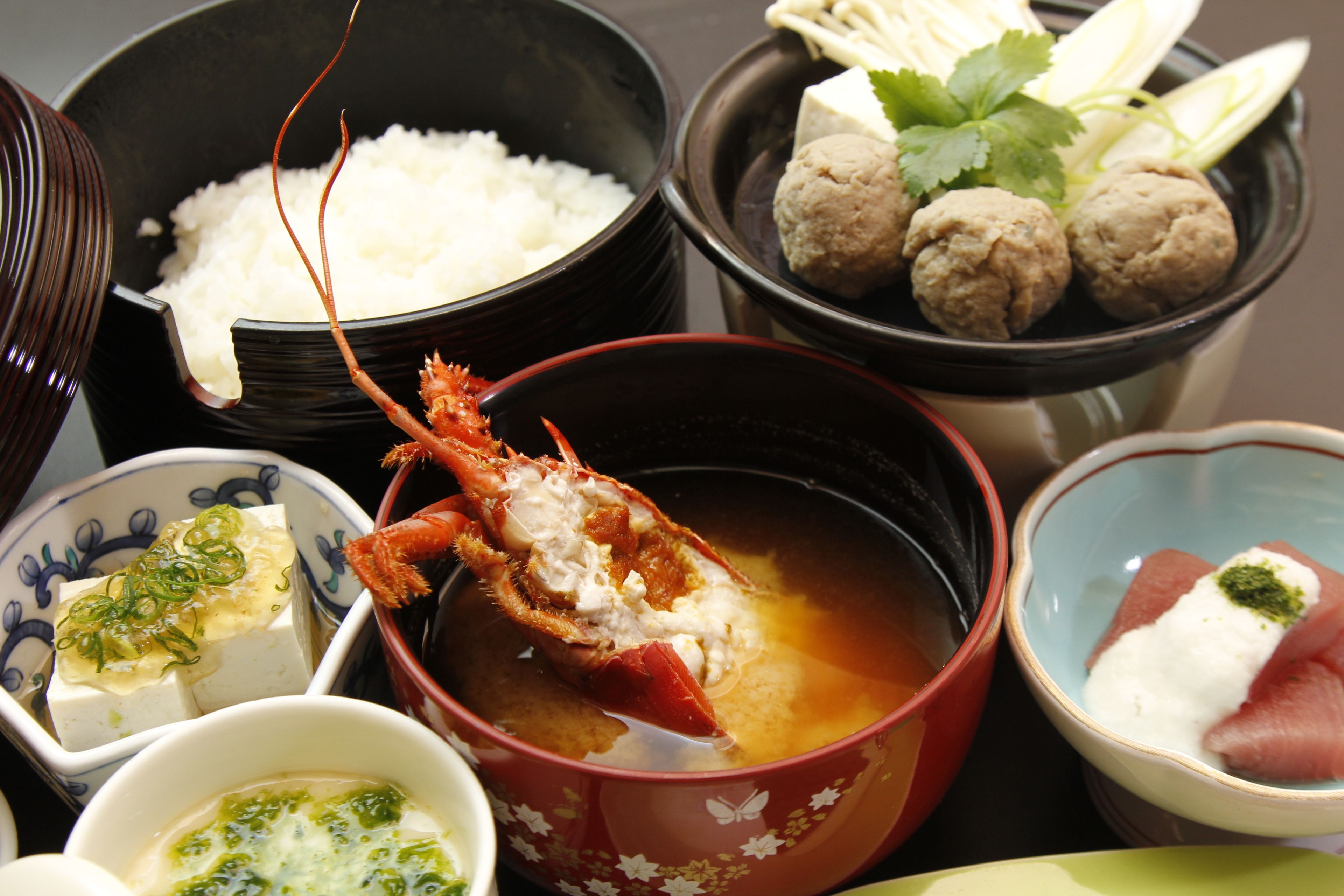 A variety of Japanese dishes including rice, seafood, and meatballs.