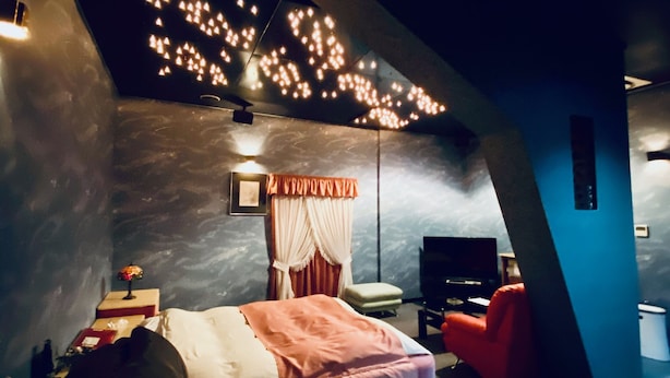 Een moderne slaapkamer met een bed, een rode bank, een televisie en een plafondlamp.