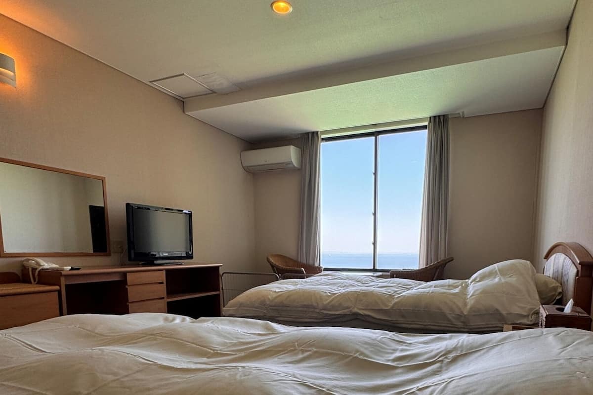 A hotel room with a bed, a desk with a television, a chair, and a large window.