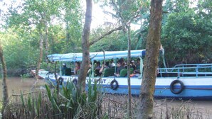 Un bateau transportant des passagers, entouré d’arbres et d’eau.