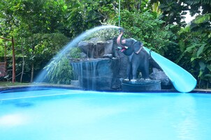 Una piscina con un elemento acuático, que incluye una fuente y un tobogán.