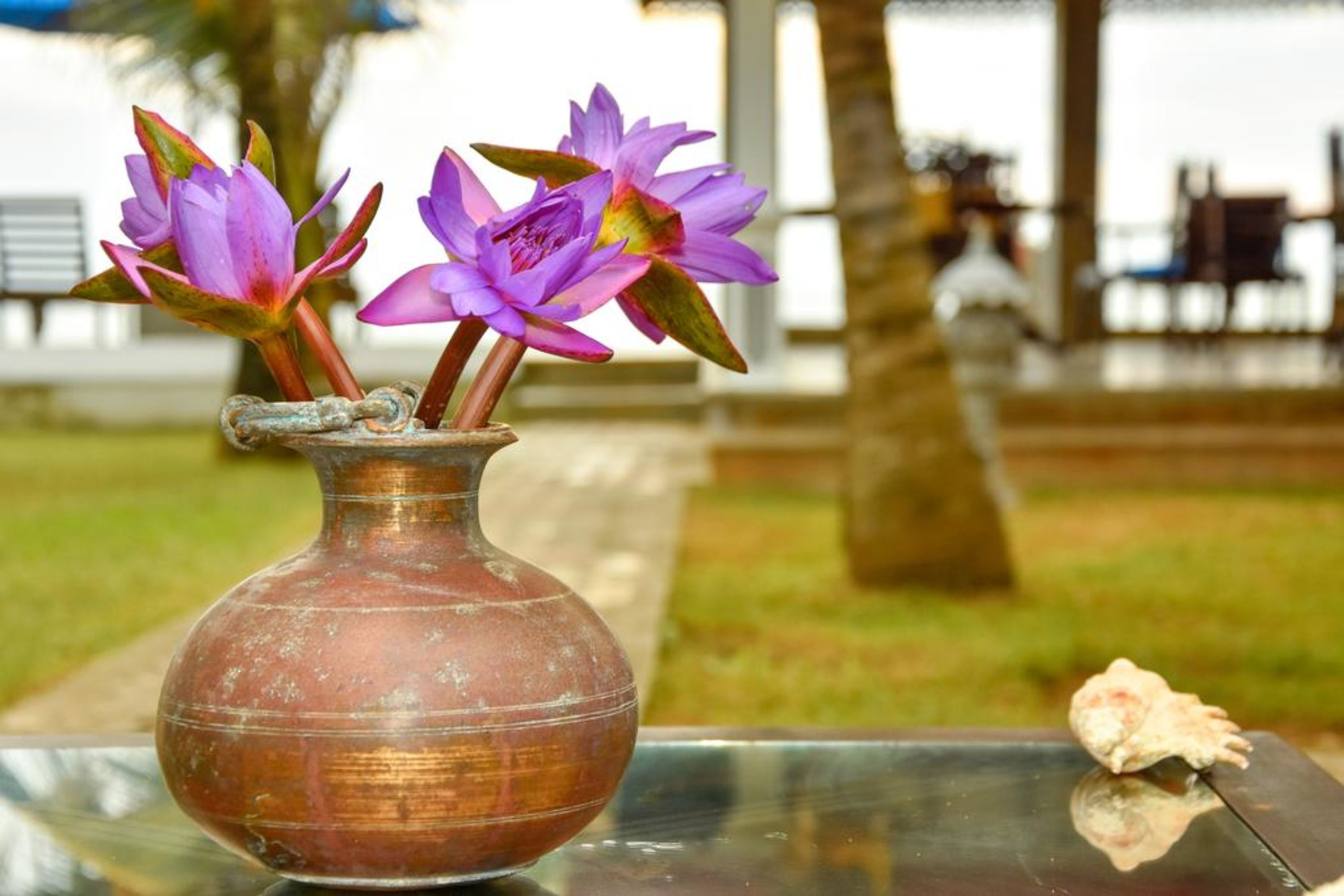 Un vase en cuivre orné de fleurs violettes, posé sur une table en verre.
