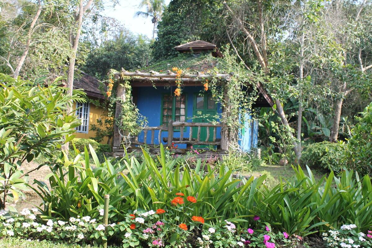 A traditional house with a blue exterior and a wooden porch, surrounded by lush greenery and flowering plants.