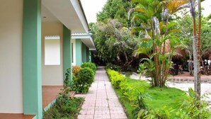 Uma trilha leva a um edifício com pilares verdes, cercado por vegetação exuberante e palmeiras.