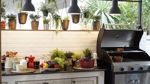 Una cocina con estufa integrada, plantas colgantes y diversos utensilios de cocina.