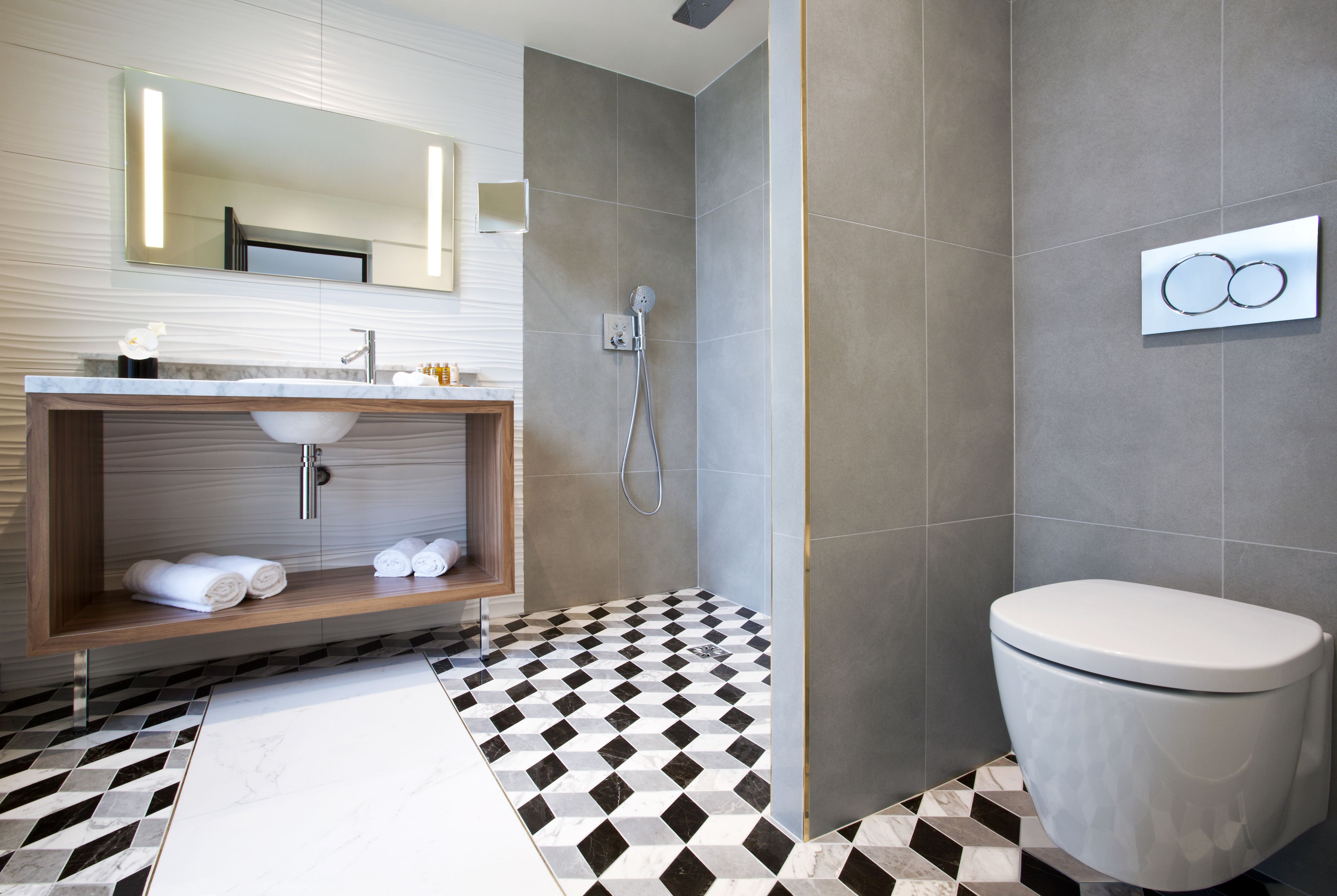 shower, hydromassage showerhead, hair dryer, bathrobes