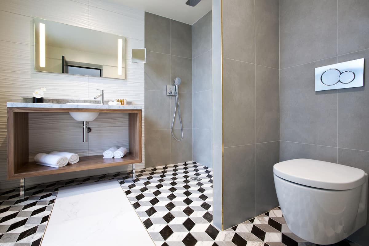 Shower, hydromassage showerhead, hair dryer, bathrobes