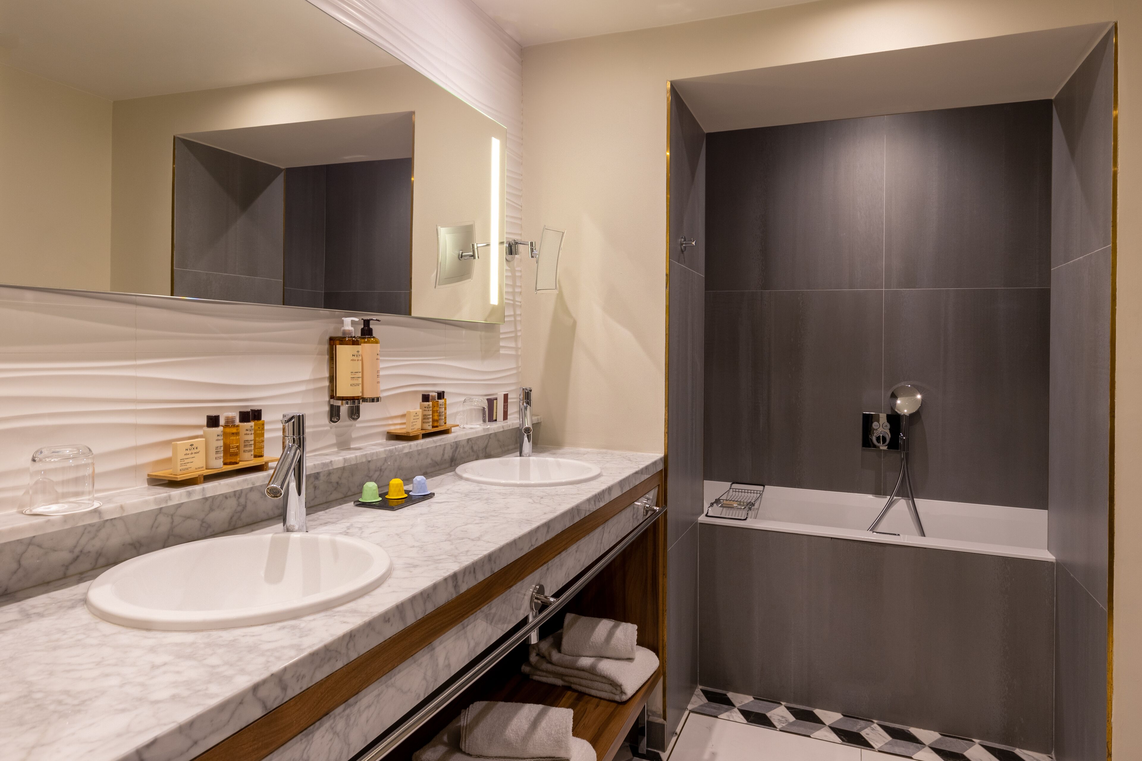 shower, hydromassage showerhead, hair dryer, bathrobes