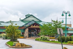 Un edificio con techo verde y un letrero que dice 'Cabela's'.