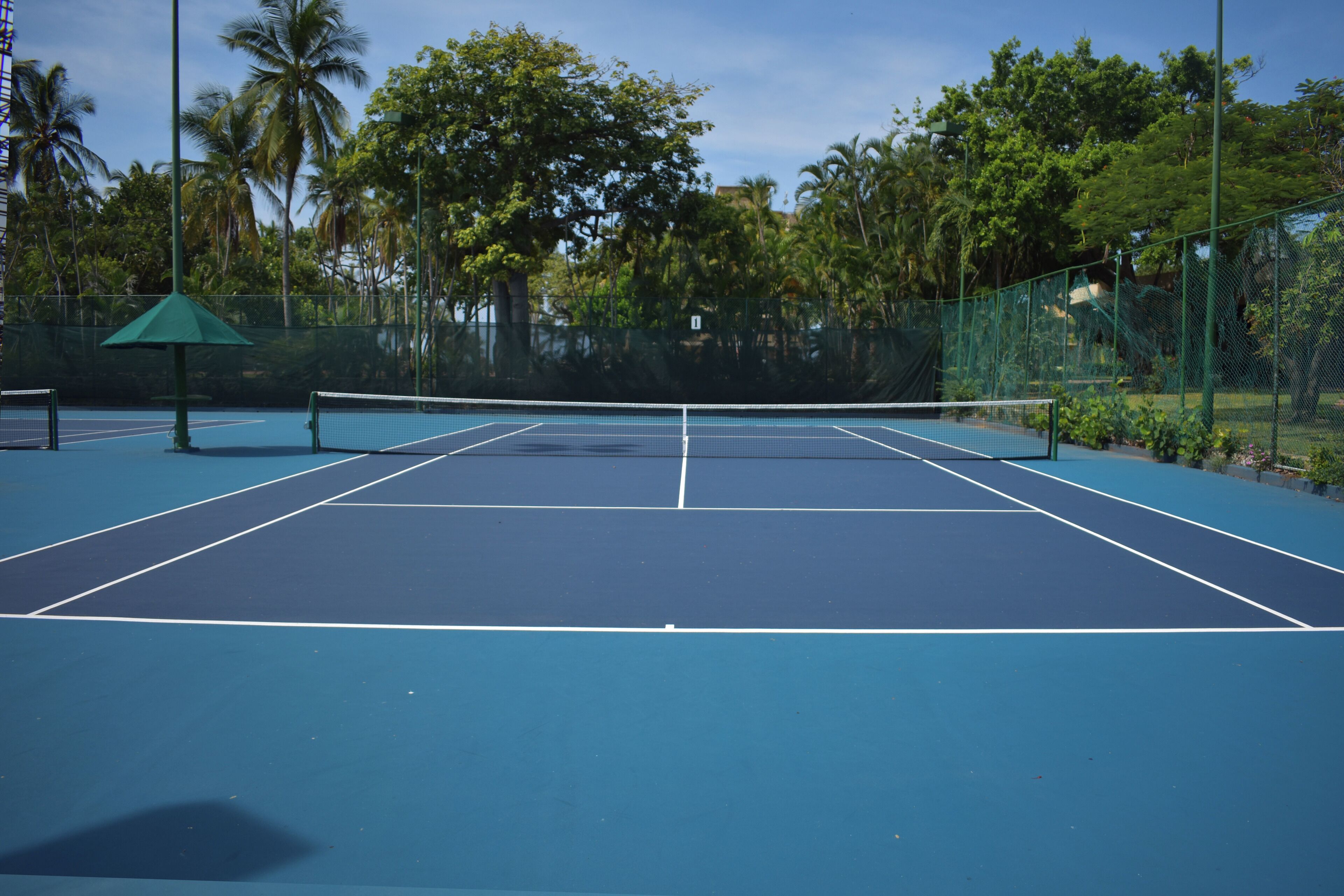 Una cancha de tenis al aire libre con red, rodeada por una cerca y palmeras.