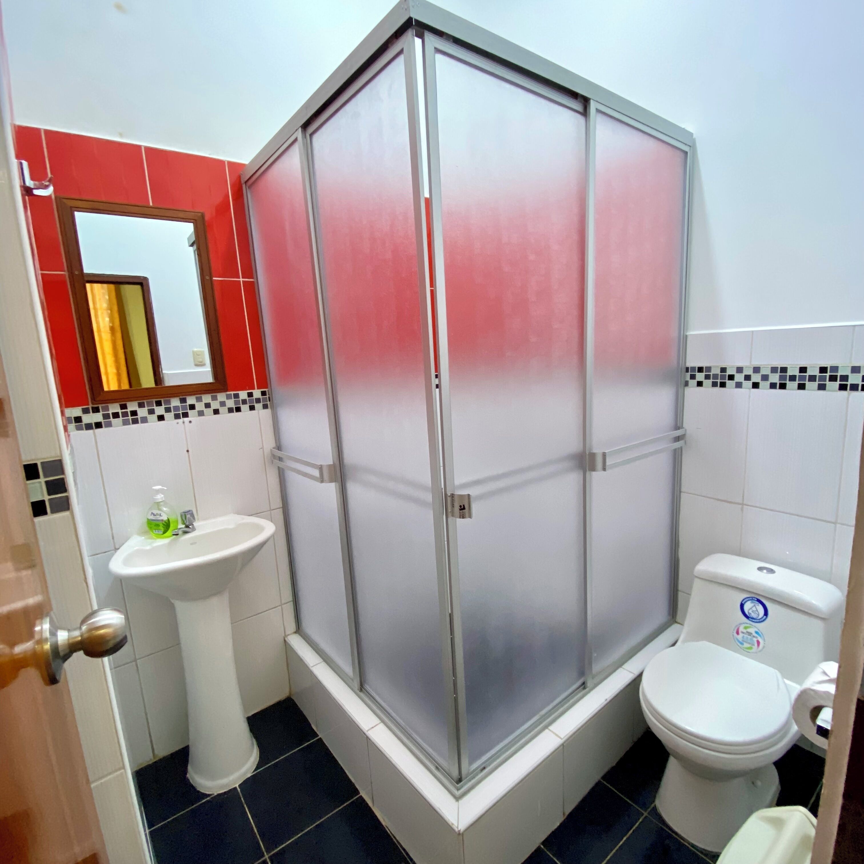A bathroom with a shower enclosure, a sink, and a toilet.