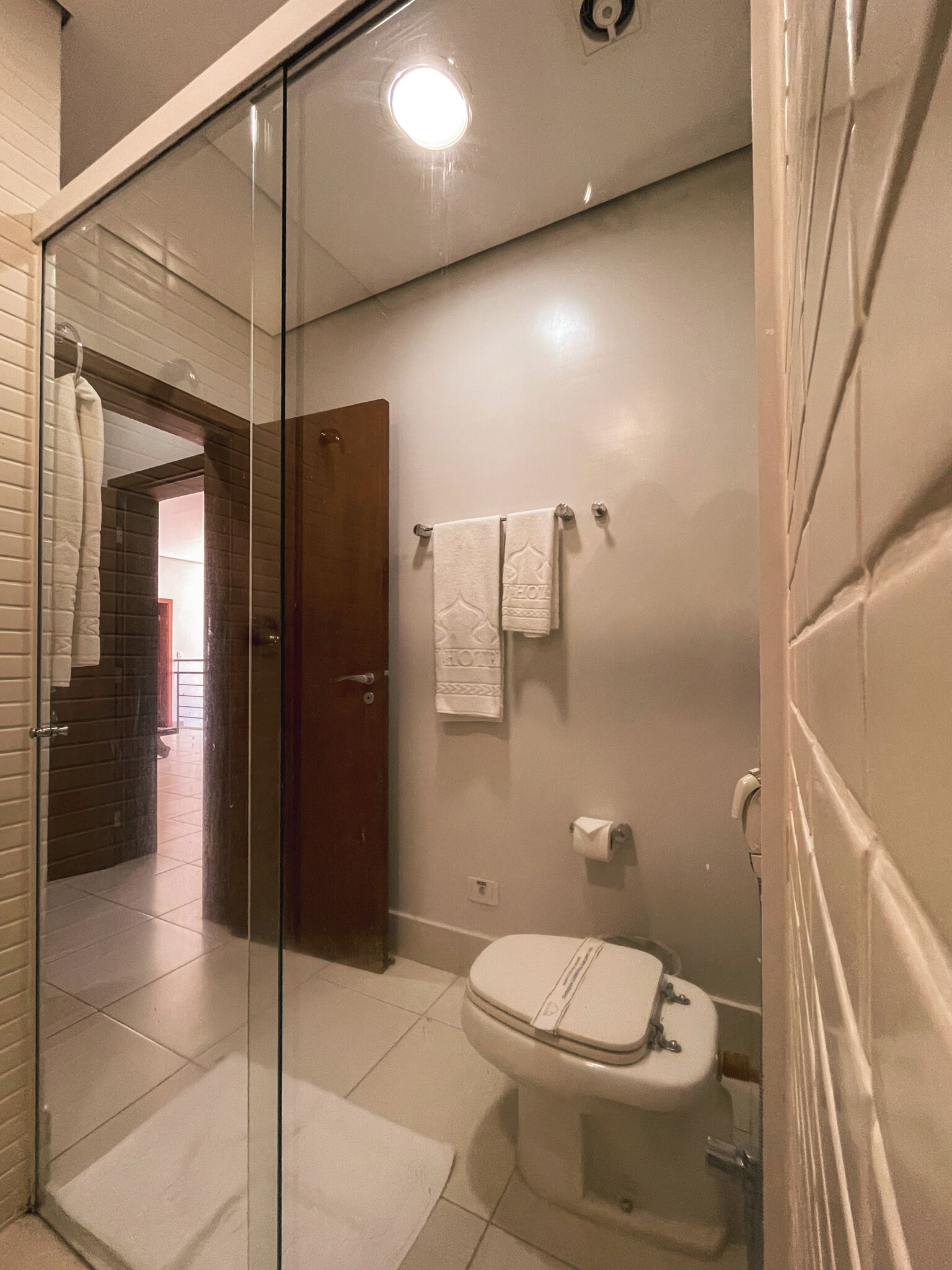 Ein modernes Badezimmer mit Duschkabine aus Glas, Toilette und Handtuchhalter mit zwei Handtüchern.