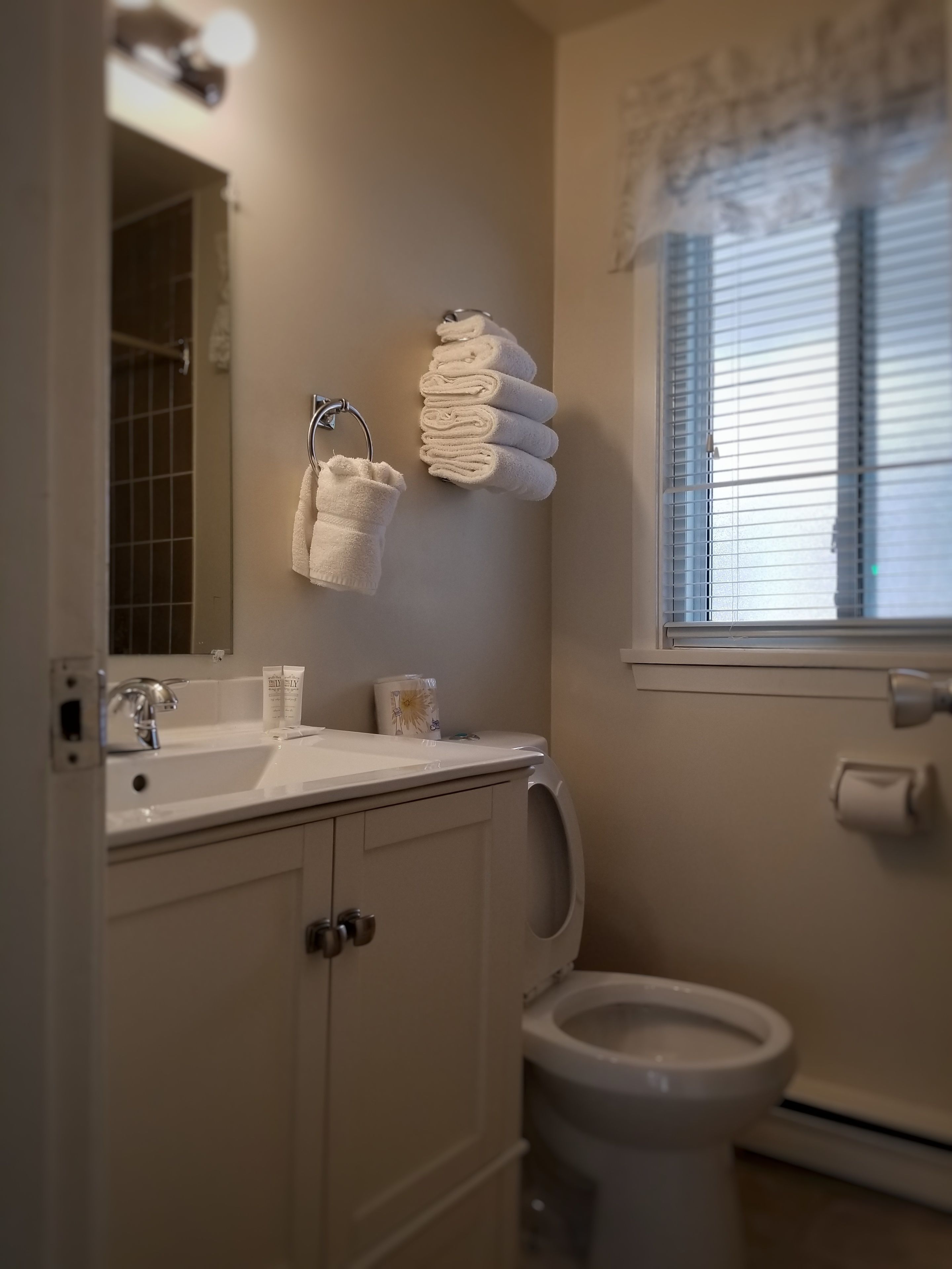 Une salle de bain équipée d’un lavabo, d’un miroir, d’un porte-serviettes, de toilettes et d’une fenêtre avec des stores.